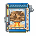 Illustrazione in sezione del funzionamento a legna a fiamma inversa delle caldaie Aspir e Duo Compact
